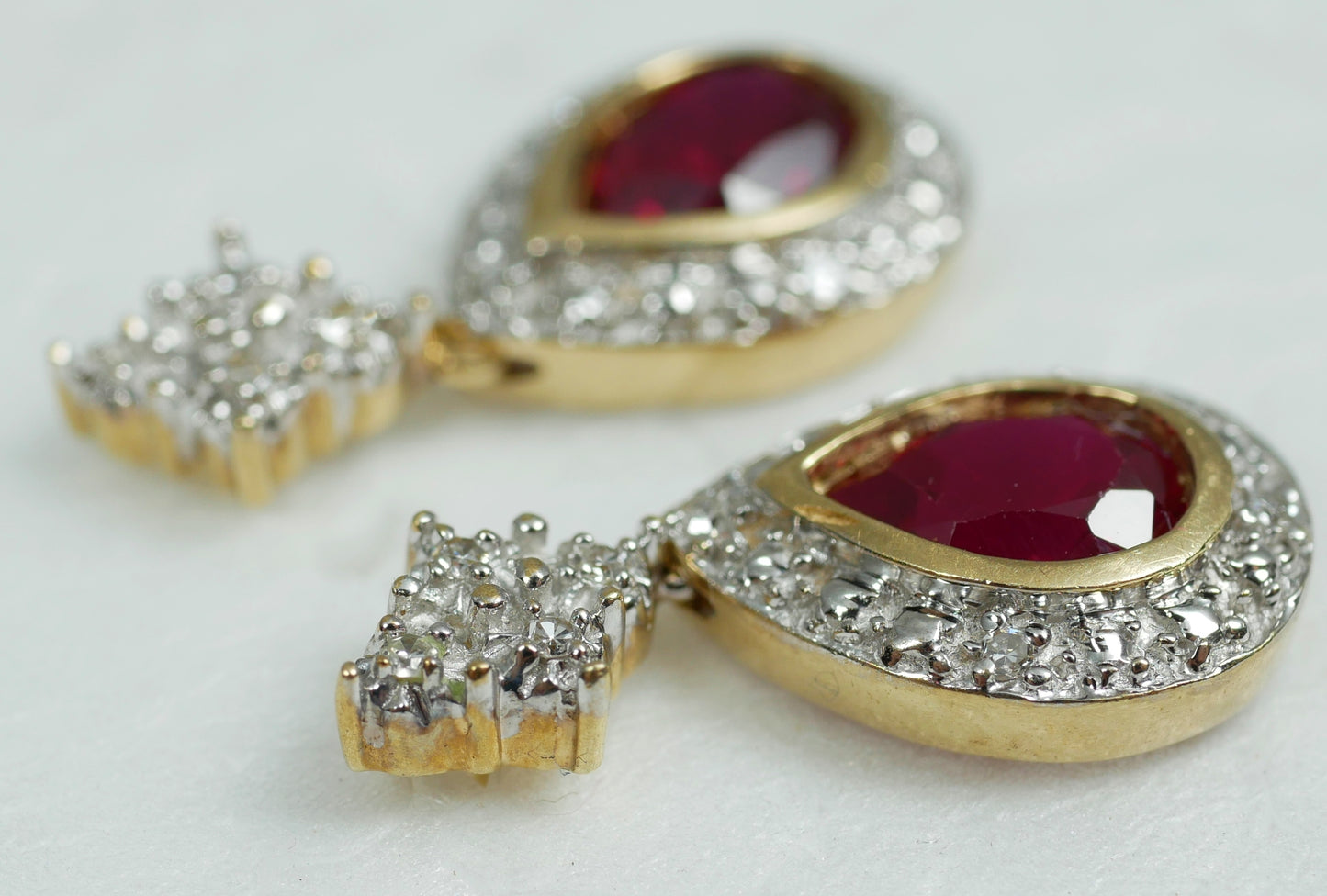 Set of Solid 9ct Yellow White Gold Pear Cut Ruby & Diamond 21mm Earrings Pair