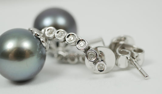 New Solid 14ct White Gold 10mm Tahitian Pearl & Diamond Dangle Earrings Set Pair