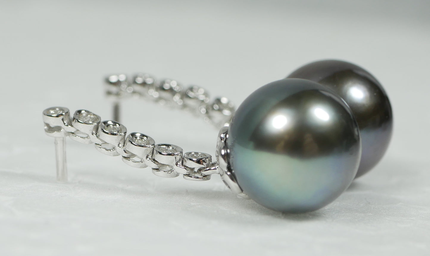 New Solid 14ct White Gold 10mm Tahitian Pearl & Diamond Dangle Earrings Set Pair