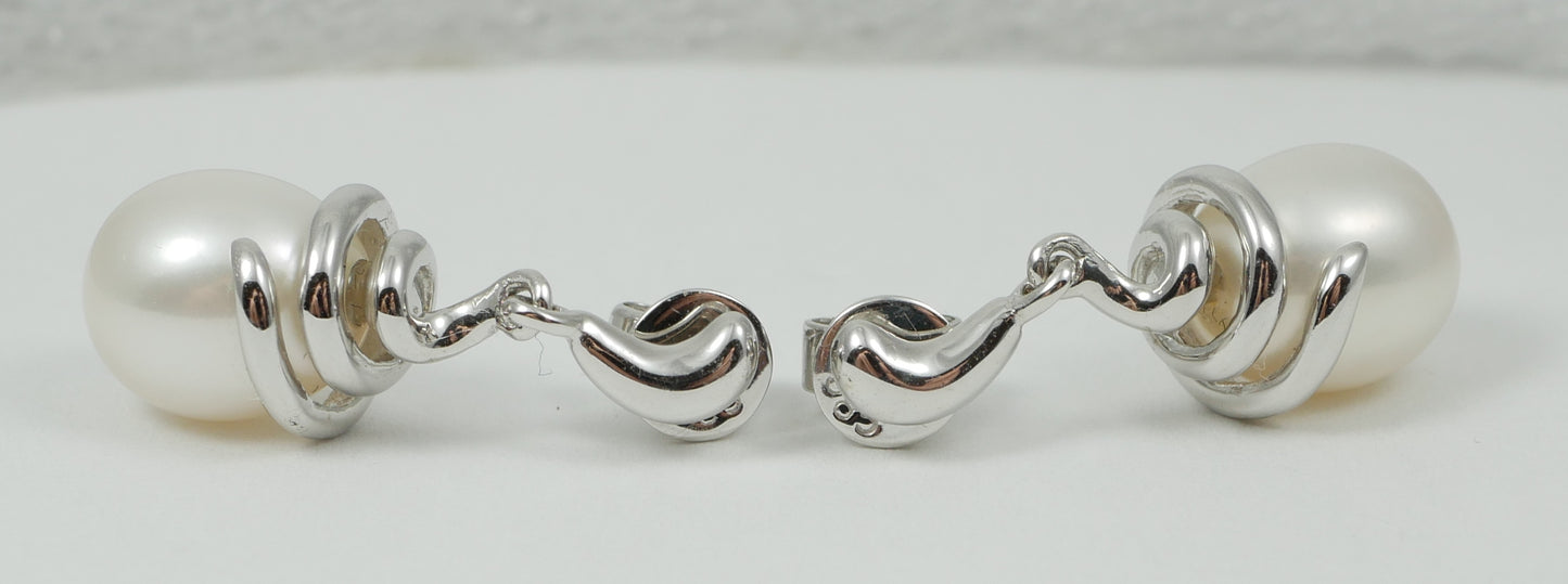 New Solid 14ct White Gold Pair of 10mm Oval White Pearl Dangle Earrings Set 585
