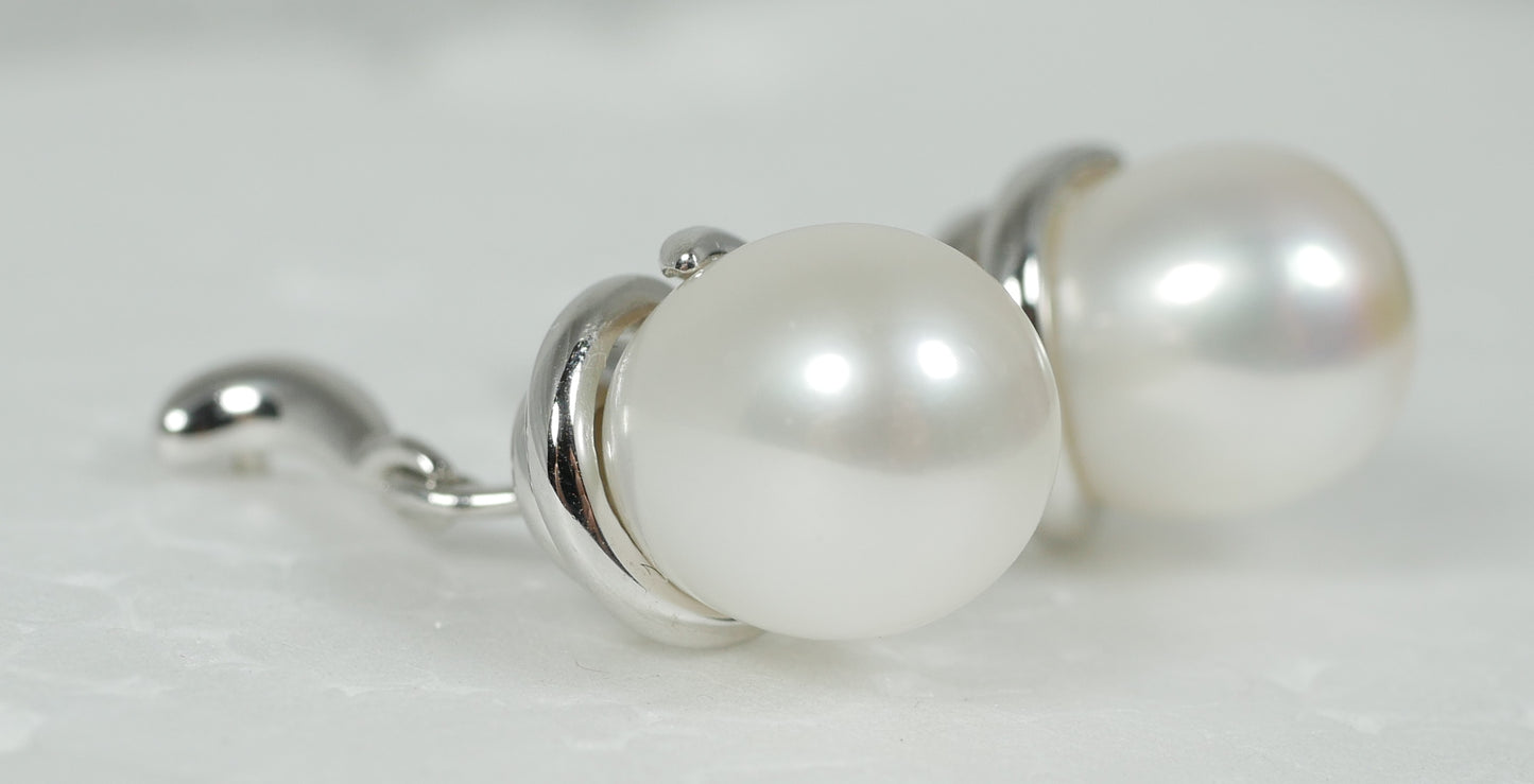 New Solid 14ct White Gold Pair of 10mm Oval White Pearl Dangle Earrings Set 585