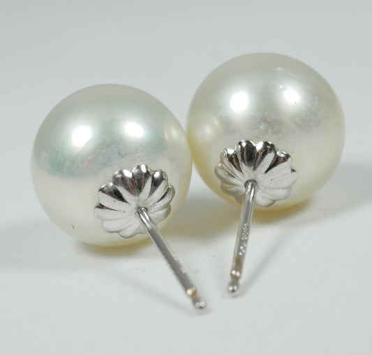 New Solid 14ct White Gold Pair of 9mm Round White Pearl Stud Earrings Set 585
