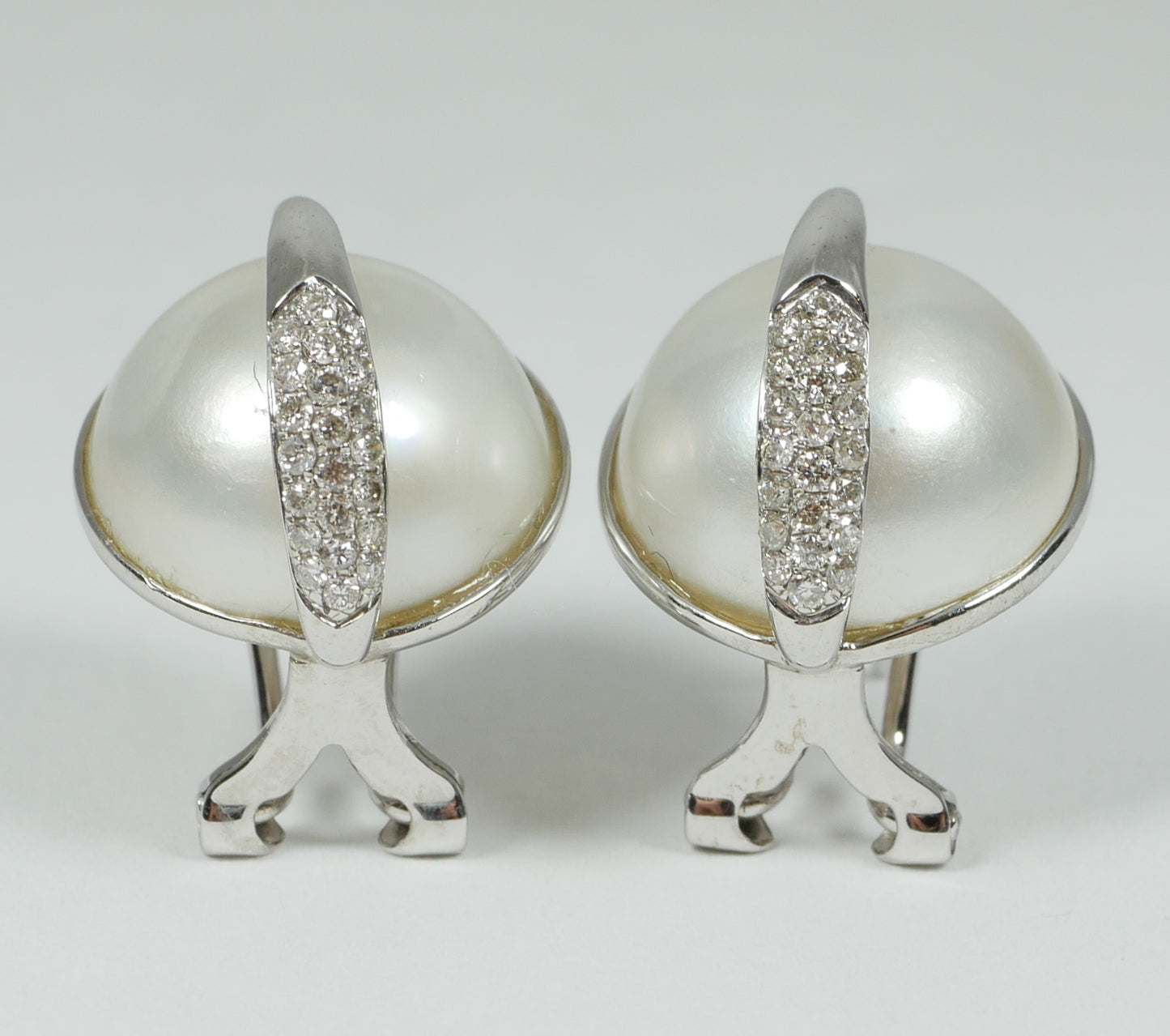 New Solid 14ct White Gold Pair 14mm Mabe Pearl & Diamond Clip On Post Earrings