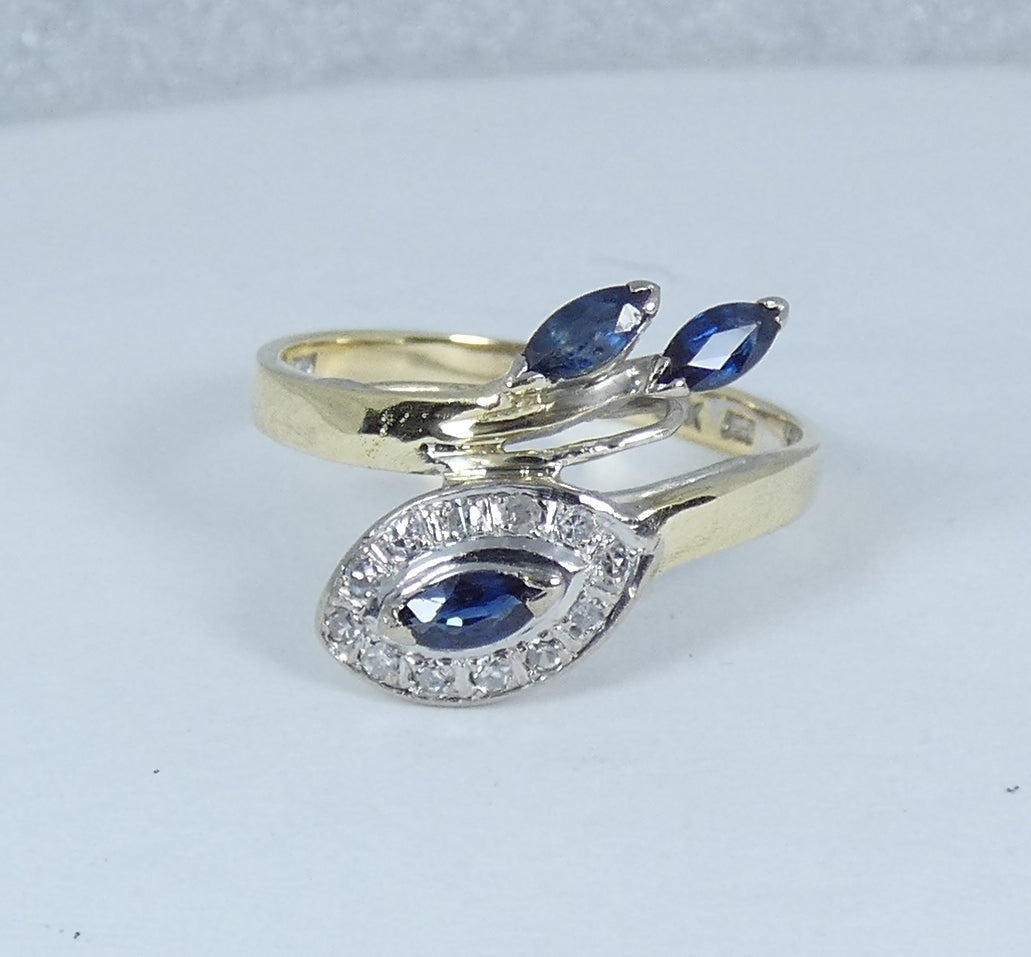 14ct Yellow Gold Aust. Blue Marquise Sapphire & Diamond Dress Ring Size 10 T 61