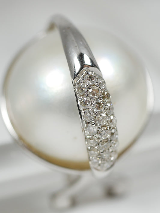 New Solid 14ct White Gold Pair 14mm Mabe Pearl & Diamond Clip On Post Earrings