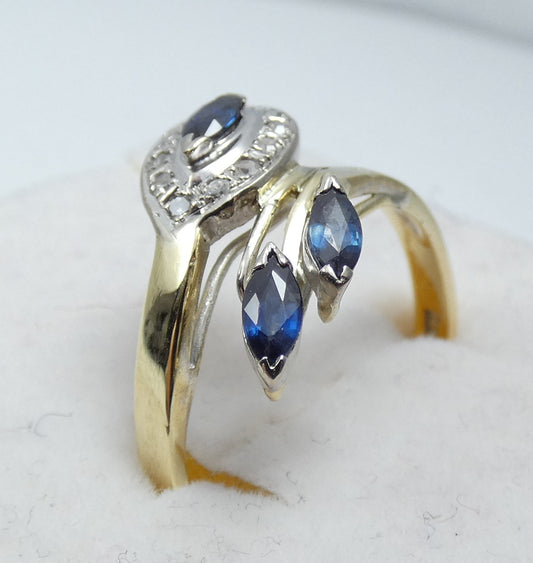 14ct Yellow Gold Aust. Blue Marquise Sapphire & Diamond Dress Ring Size 10 T 61