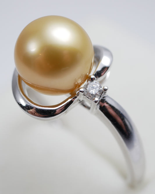 New Solid 14ct White Gold 9mm Golden South Sea Pearl Diamond Dress Ring 7.5 O 55
