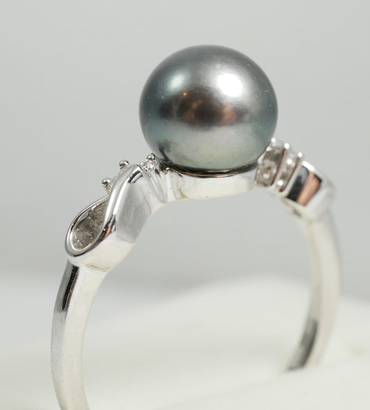New Solid 14ct White Gold 8mm Round Tahitian Pearl & Diamond Dress Ring 7.5 O 55