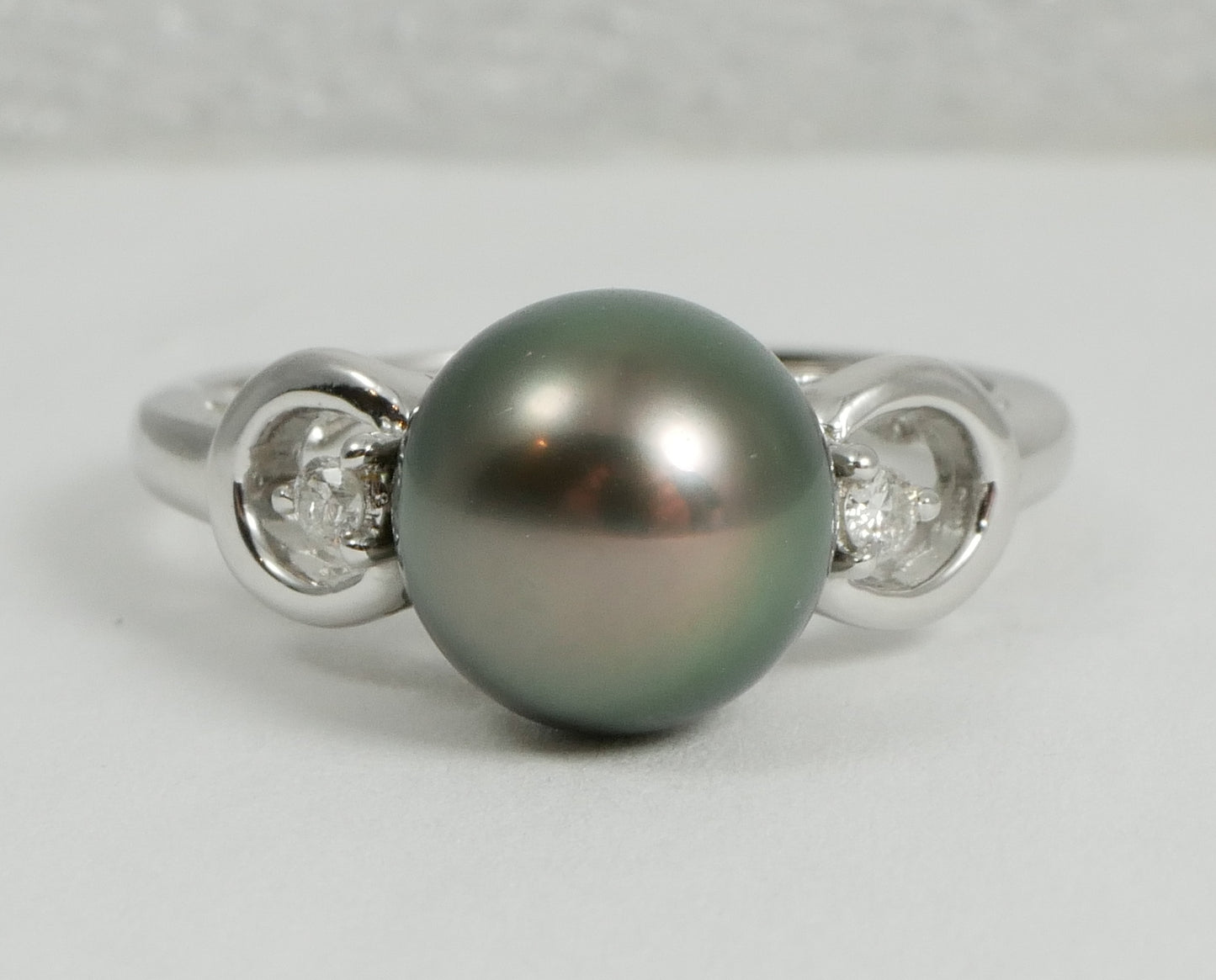 New Solid 14ct White Gold 9mm Round Tahitian Pearl & Diamond Dress Ring 7.5 O 55