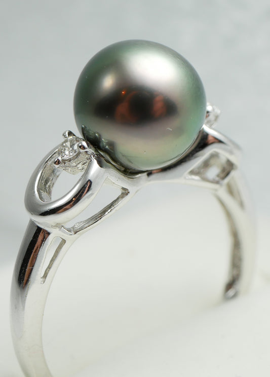 New Solid 14ct White Gold 9mm Round Tahitian Pearl & Diamond Dress Ring 7.5 O 55