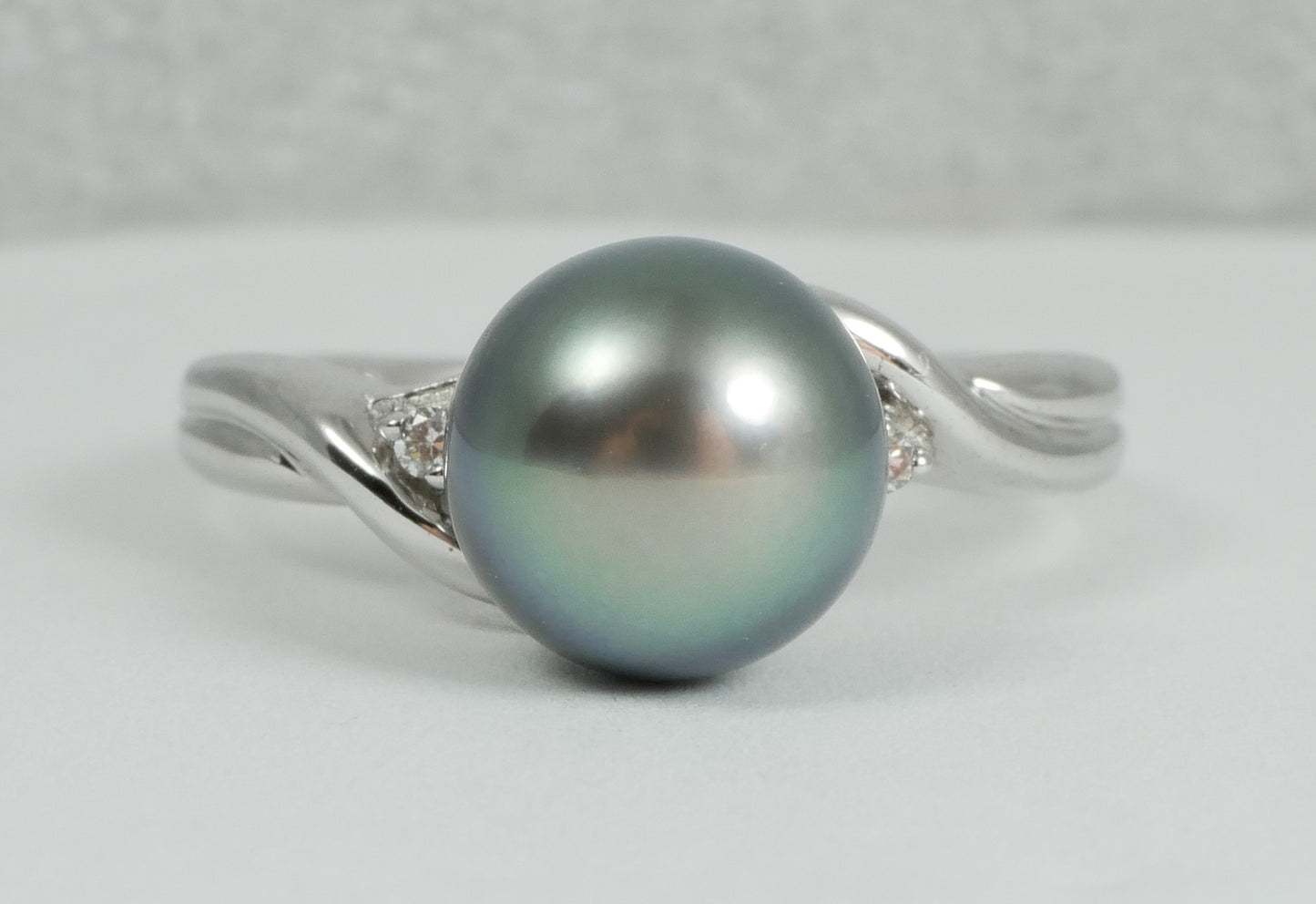 New Solid 14ct White Gold 9mm Round Tahitian Pearl & Diamond Dress Ring 7.5 O 55