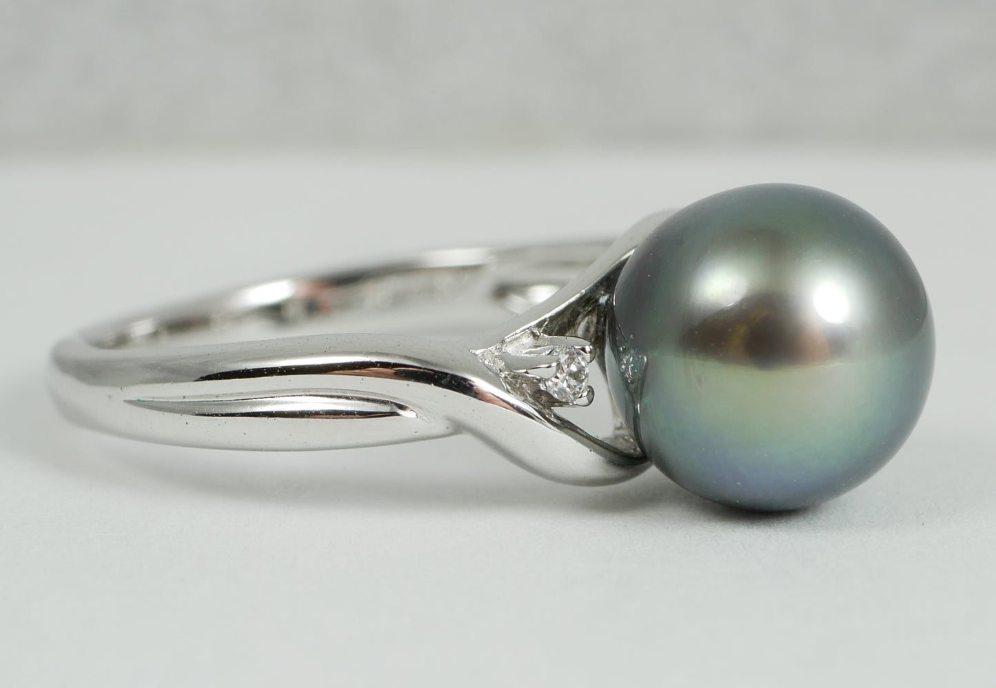 New Solid 14ct White Gold 9mm Round Tahitian Pearl & Diamond Dress Ring 7.5 O 55