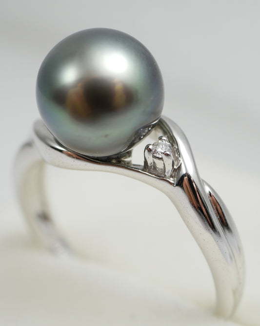 New Solid 14ct White Gold 9mm Round Tahitian Pearl & Diamond Dress Ring 7.5 O 55