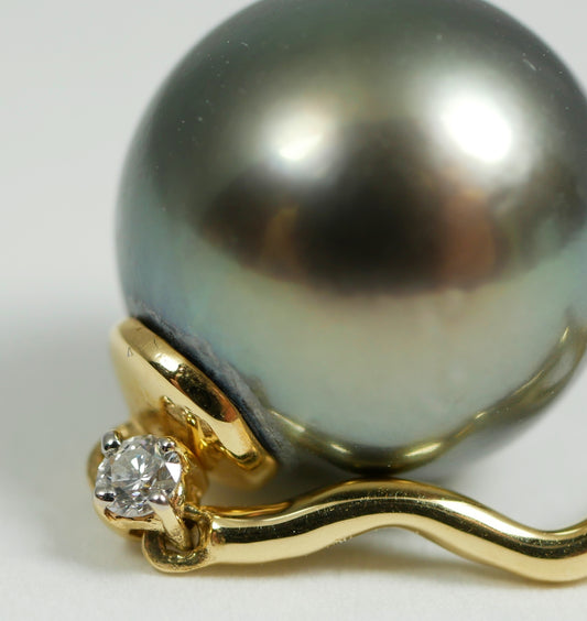 New Solid 14ct Yellow Gold 11mm Tahitian Pearl & Diamond 32mm Necklace Pendant