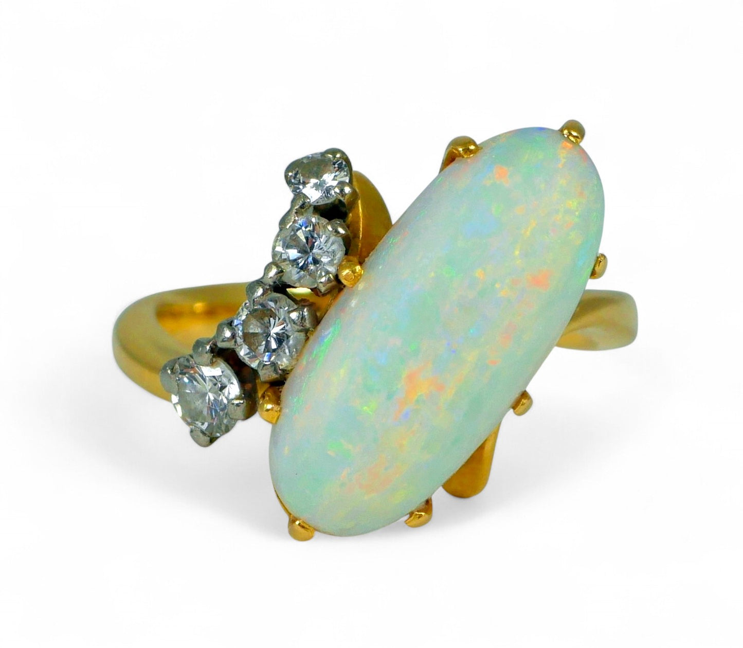 Vintage 18ct Yellow Gold Solid 3ct White Opal & Diamond Dress Ring Size 7.5 O 55