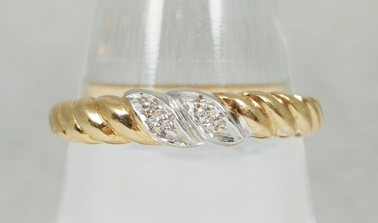 Vintage Solid 9ct Yellow Gold & Diamond Twisted Rope Dress Ring Size 6 L 51 375