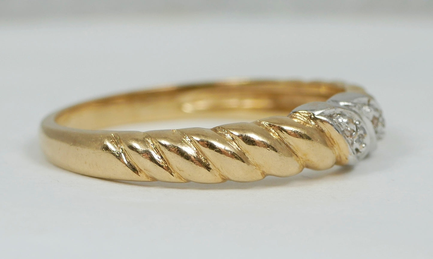 Vintage Solid 9ct Yellow Gold & Diamond Twisted Rope Dress Ring Size 6 L 51 375