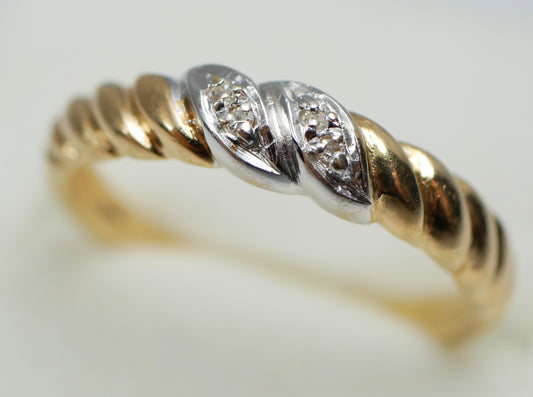 Vintage Solid 9ct Yellow Gold & Diamond Twisted Rope Dress Ring Size 6 L 51 375
