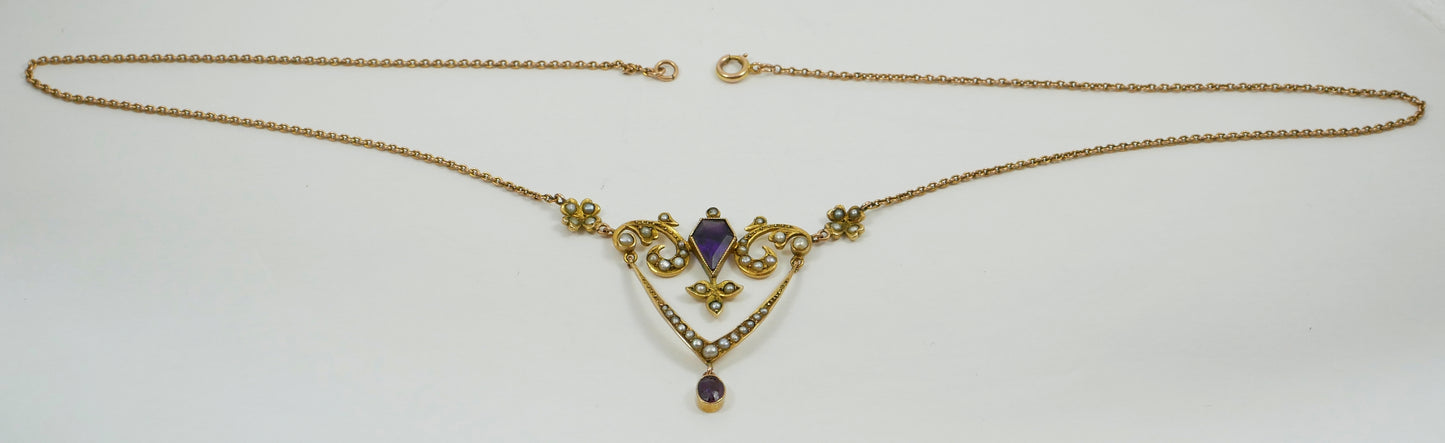Antique Edwardian Solid 9ct Yellow Gold Amethyst & Seed Pearl Lavalier Necklace