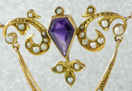 Antique Edwardian Solid 9ct Yellow Gold Amethyst & Seed Pearl Lavalier Necklace