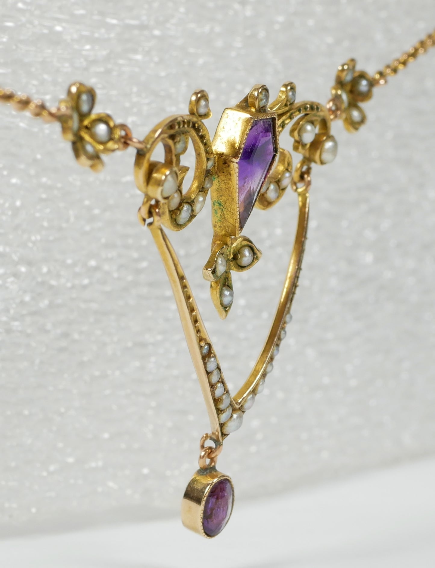 Antique Edwardian Solid 9ct Yellow Gold Amethyst & Seed Pearl Lavalier Necklace