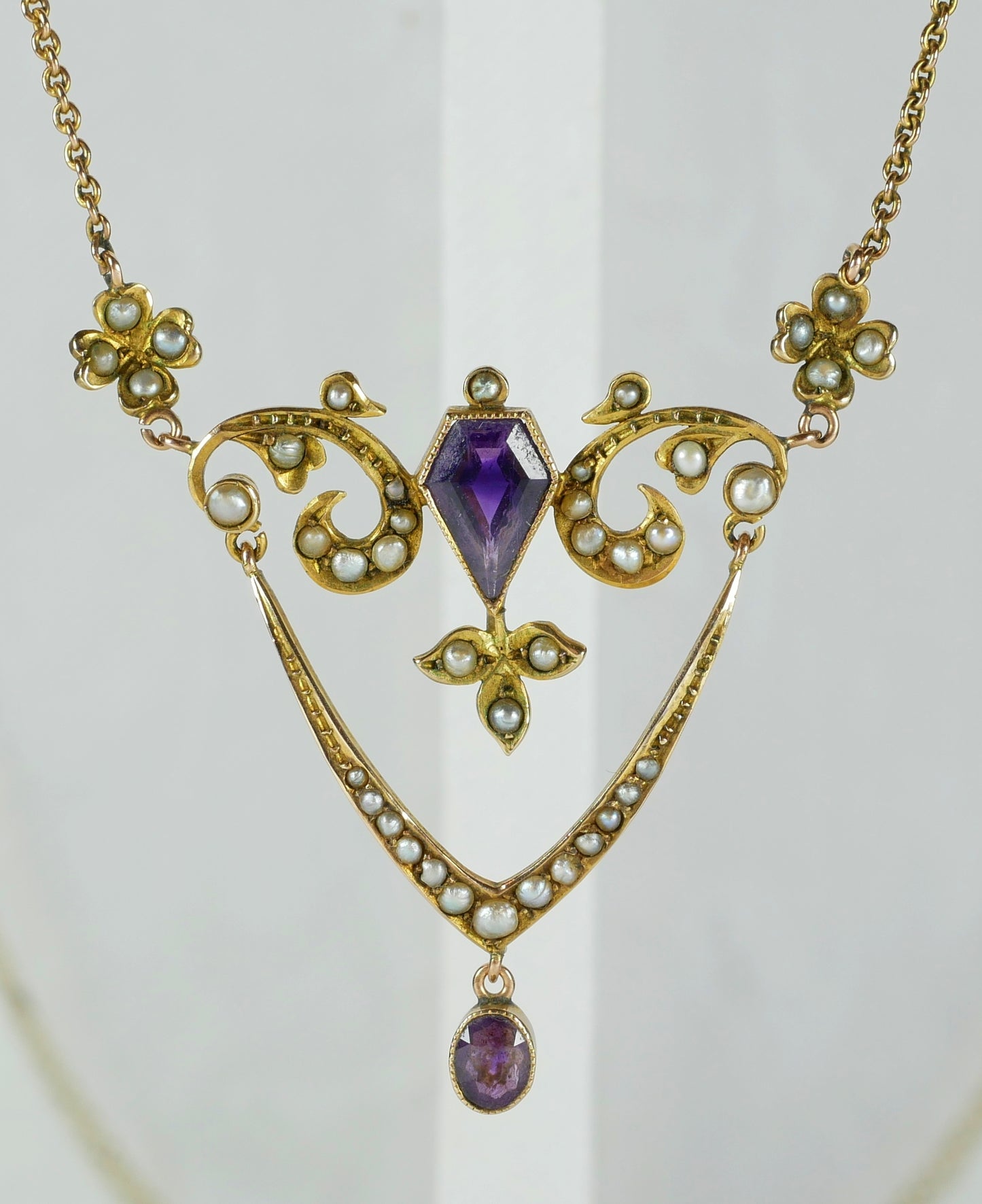 Antique Edwardian Solid 9ct Yellow Gold Amethyst & Seed Pearl Lavalier Necklace