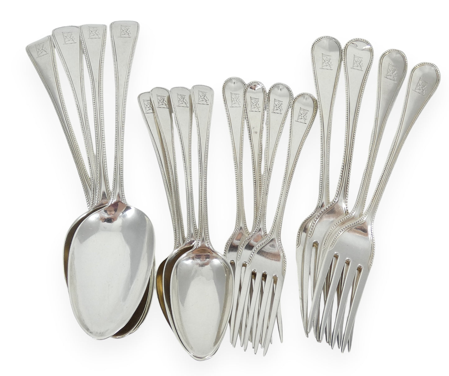 Antique Georgian 16p 4pl Sterling Silver Cutlery Set Old English Bead Fork Spoon
