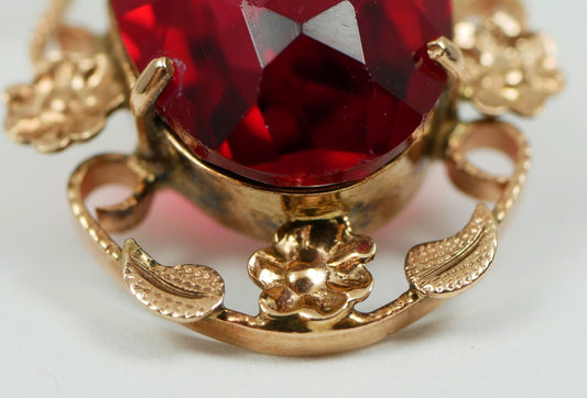 Antique Art Deco 1940 Solid 9ct Yellow Gold Large Red Stone Necklace Pendant 375