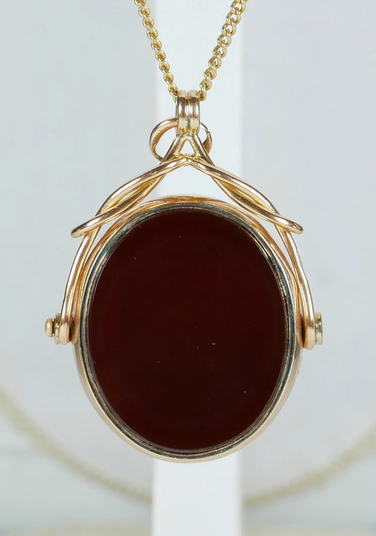 Antique Victorian 9ct Yellow Gold Bloodstone Agate Spinner Fob Necklace Pendant