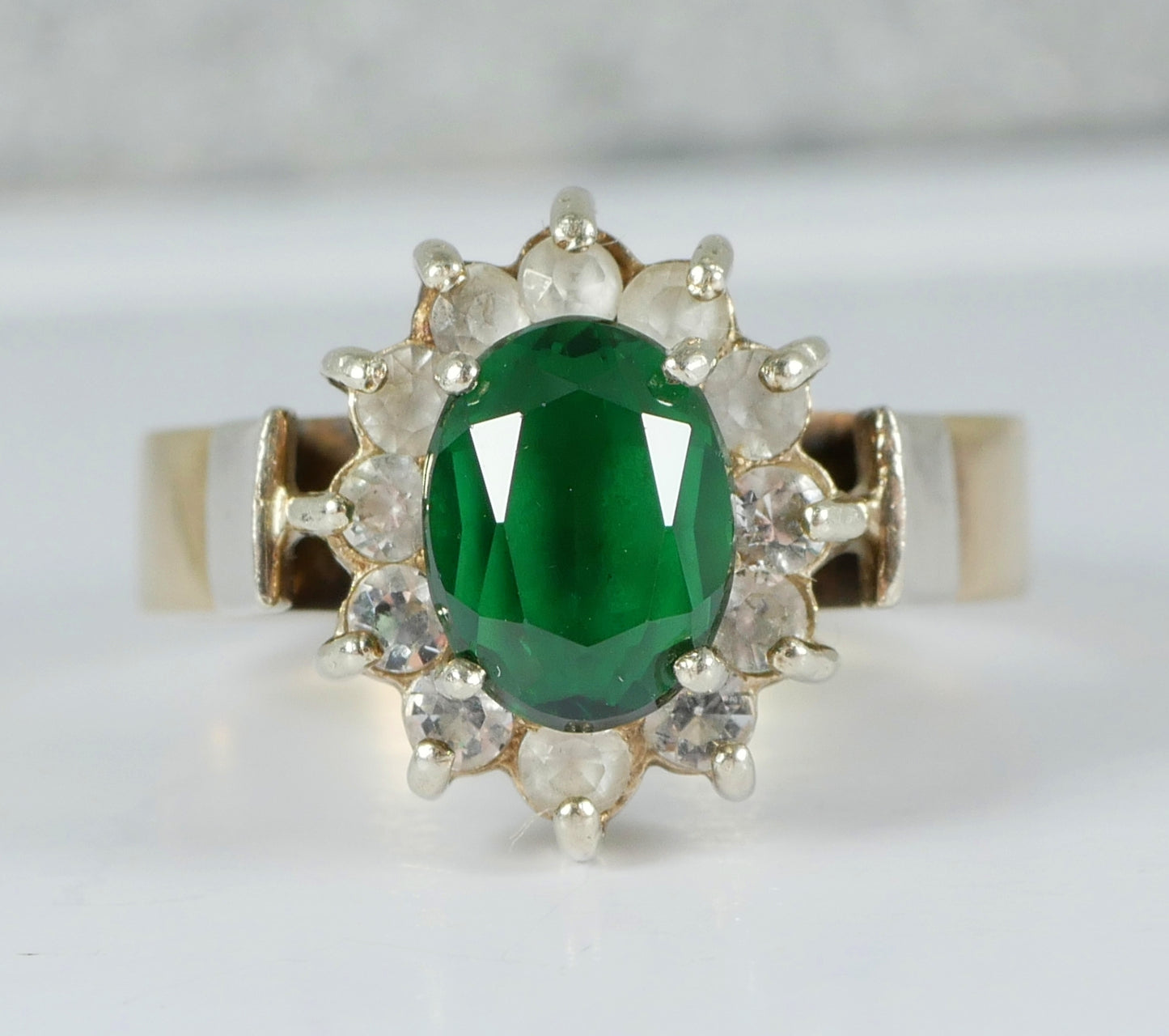 Vintage Solid 9ct Yellow Gold Green & White Sapphire Halo Dress Ring Size 8 P 56