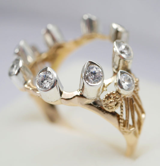 Vintage Solid 9ct Yellow Gold White Sapphire Open Face Dress Ring Size 7.5 O 55