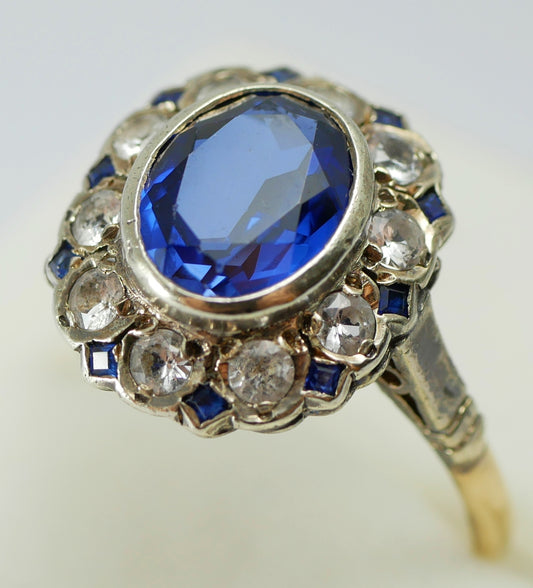Antique Vintage 9ct Yellow Gold Blue & White Sapphire Dress Ring Size 7.5 O 55