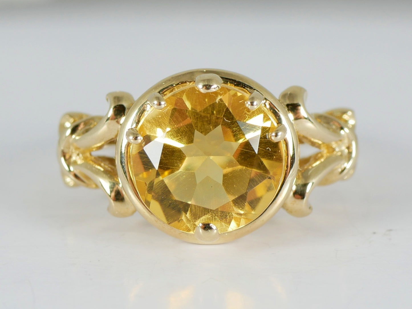 Modern Solid 9ct Yellow Round Cut Citrine Fleur de Lis Dress Ring Size 8 P 56