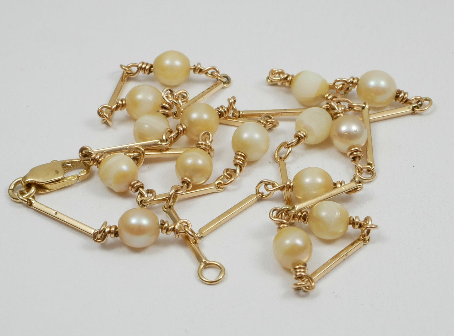 Vintage Solid 9ct Yellow Gold & 6mm Pearl Bar Link 48cm 19" Chain Necklace 10gm