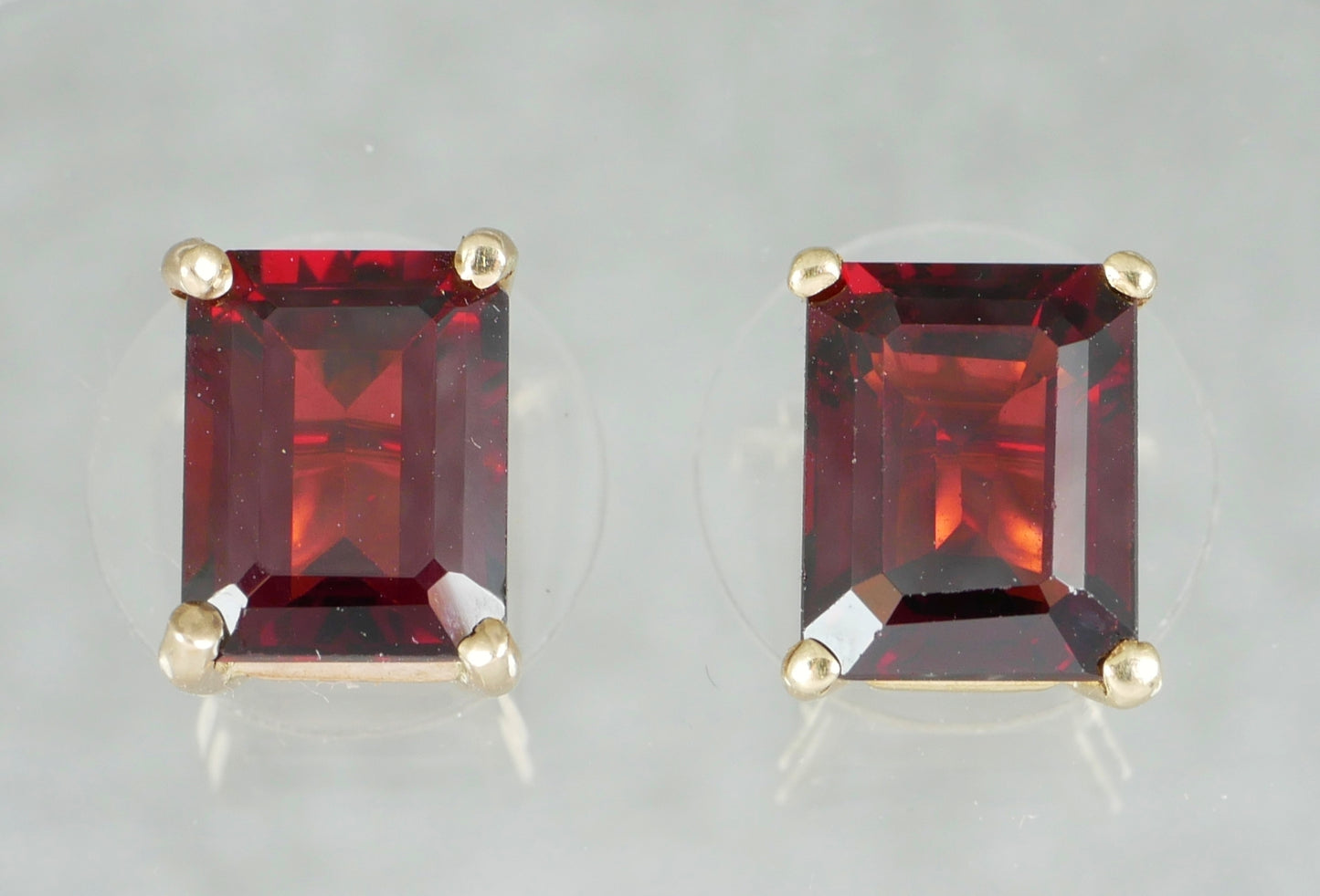 Pair of Solid 9ct Yellow Gold 3ct Emerald Cut Deep Red Garnet Stud Earrings Set