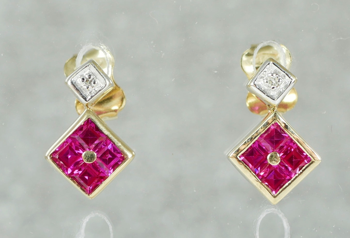 Pair of Solid 9ct Yellow Gold Ruby Cluster & Diamond Stud Dangle Earrings Set