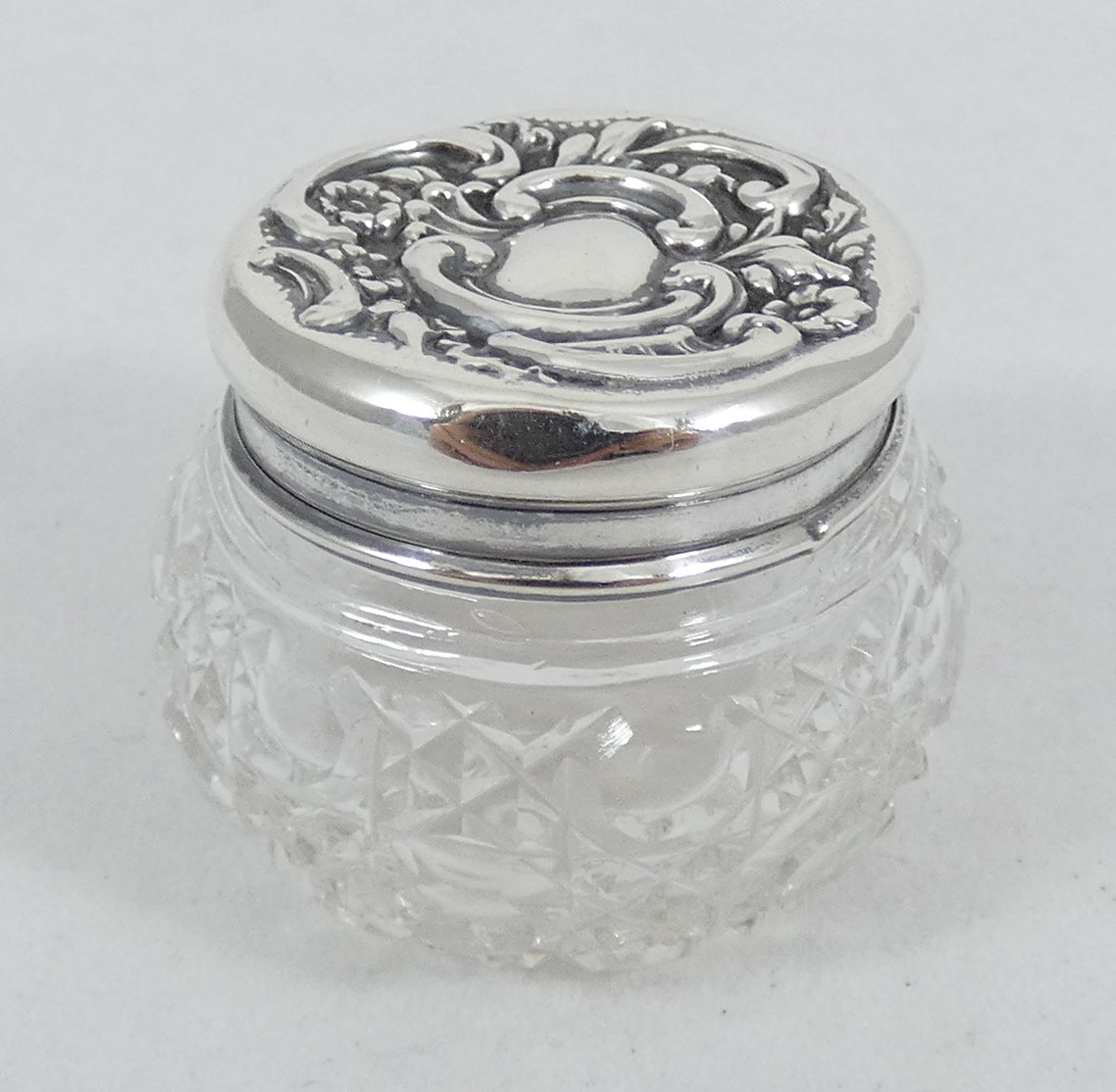 Antique Edwardian 1902 Sterling Silver Glass Rouge Pot Scent Hobnail Bottle Jar