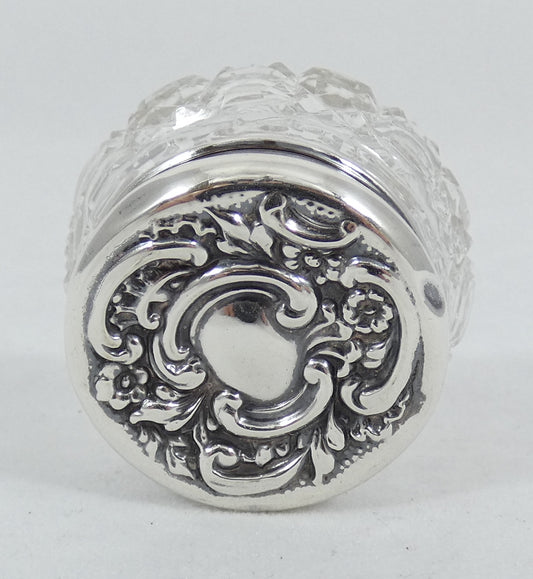 Antique Edwardian 1902 Sterling Silver Glass Rouge Pot Scent Hobnail Bottle Jar