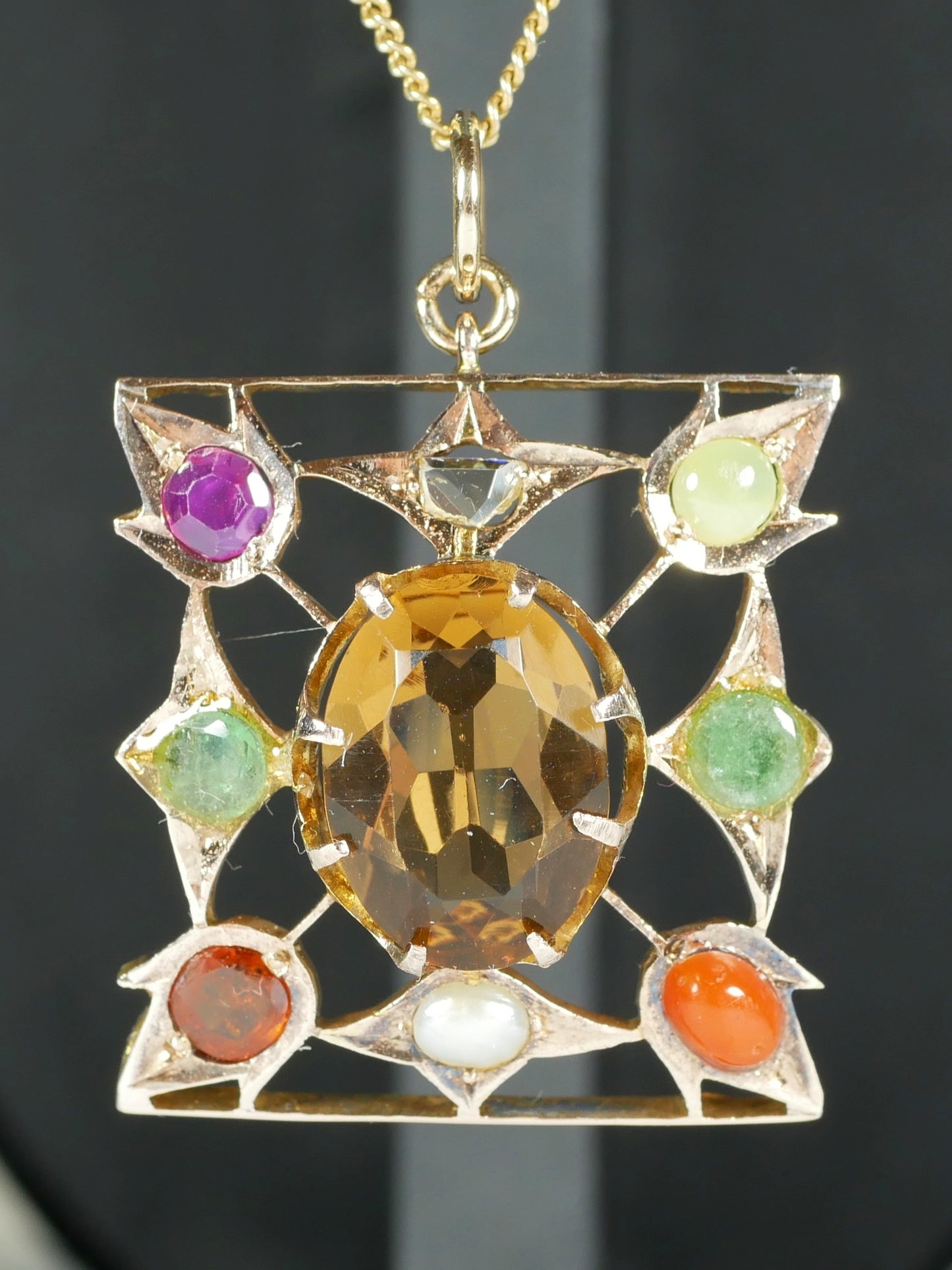 Antique Victorian Solid 9ct Yellow Gold Harlequin Gemstone Diamond Pendant