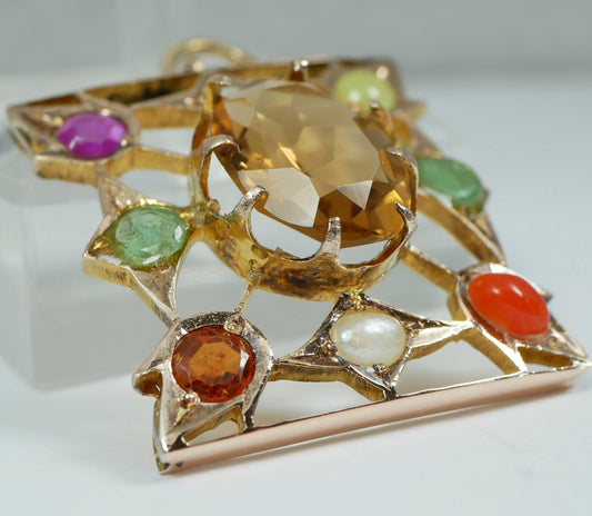 Antique Victorian Solid 9ct Yellow Gold Harlequin Gemstone Diamond Pendant