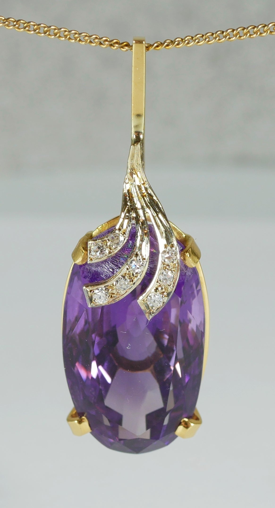 Large 47mm Solid 18ct Yellow Gold 34ct Amethyst & Diamond Necklace Pendant 12gm