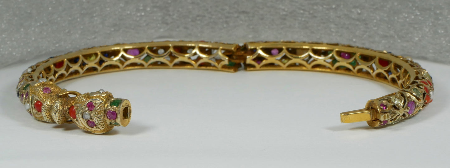 Vintage Indian Mughal Solid 9ct Yellow Gold & Precious Gemstone Bangle Elephant