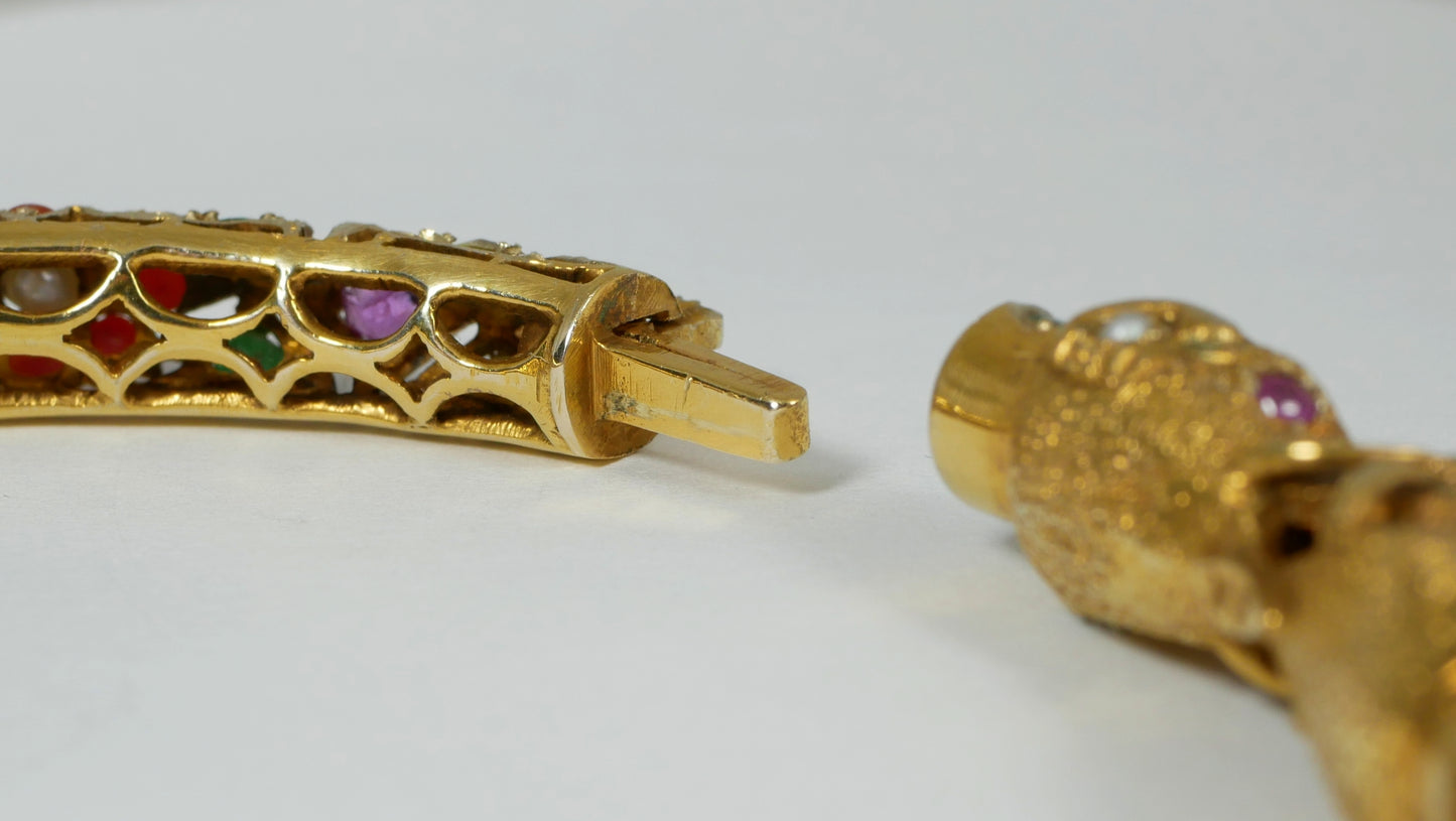Vintage Indian Mughal Solid 9ct Yellow Gold & Precious Gemstone Bangle Elephant