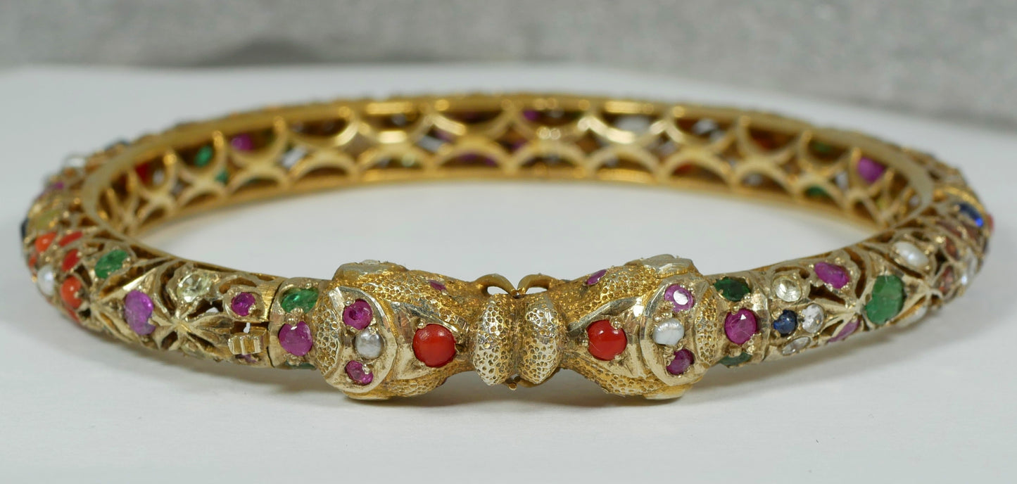 Vintage Indian Mughal Solid 9ct Yellow Gold & Precious Gemstone Bangle Elephant