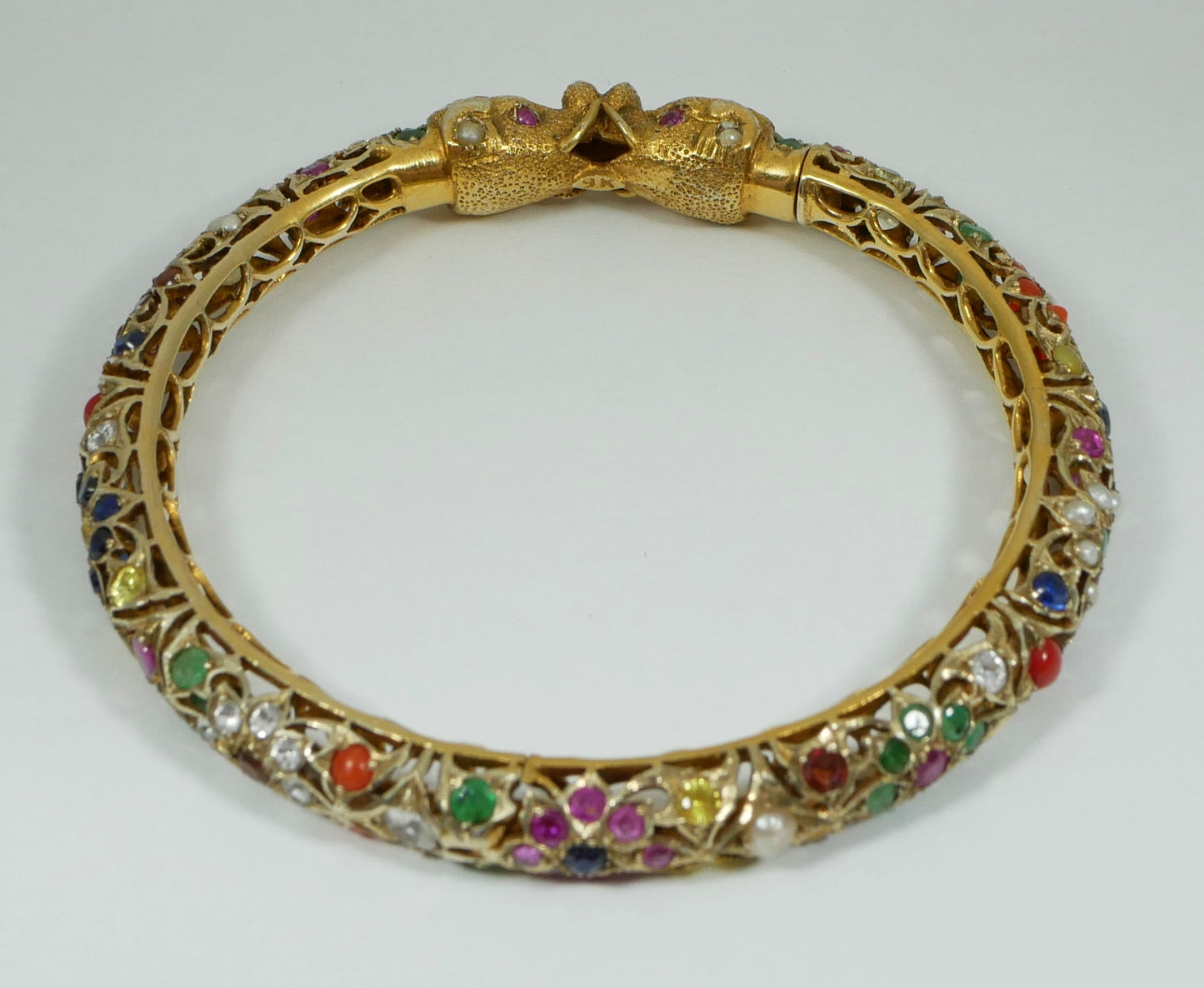 Vintage Indian Mughal Solid 9ct Yellow Gold & Precious Gemstone Bangle Elephant