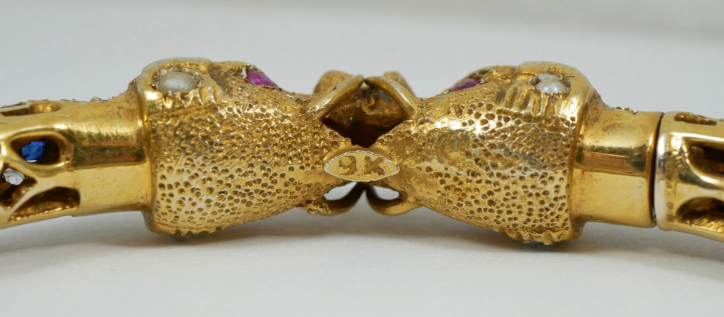 Vintage Indian Mughal Solid 9ct Yellow Gold & Precious Gemstone Bangle Elephant