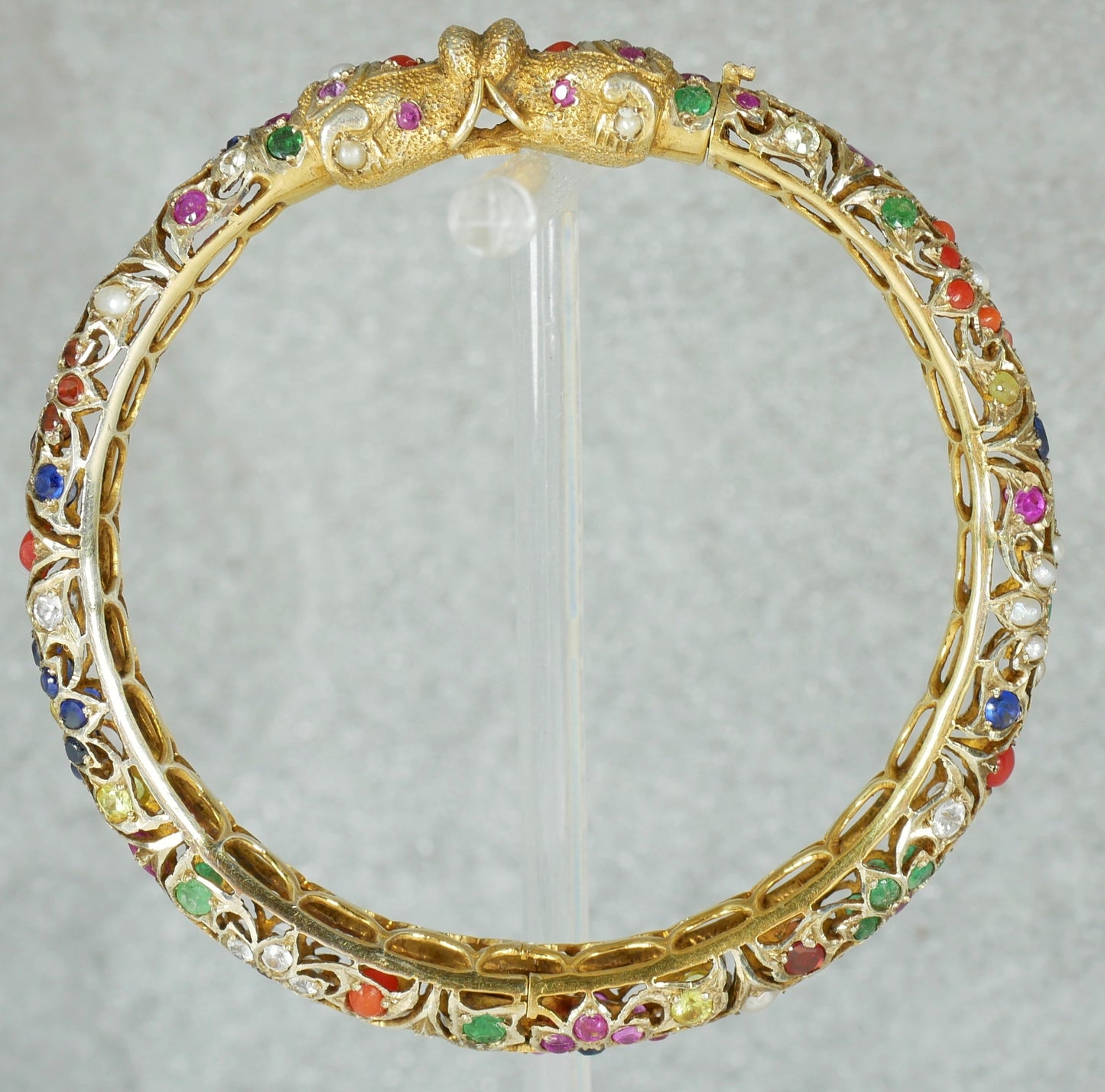 Vintage Indian Mughal Solid 9ct Yellow Gold & Precious Gemstone Bangle Elephant