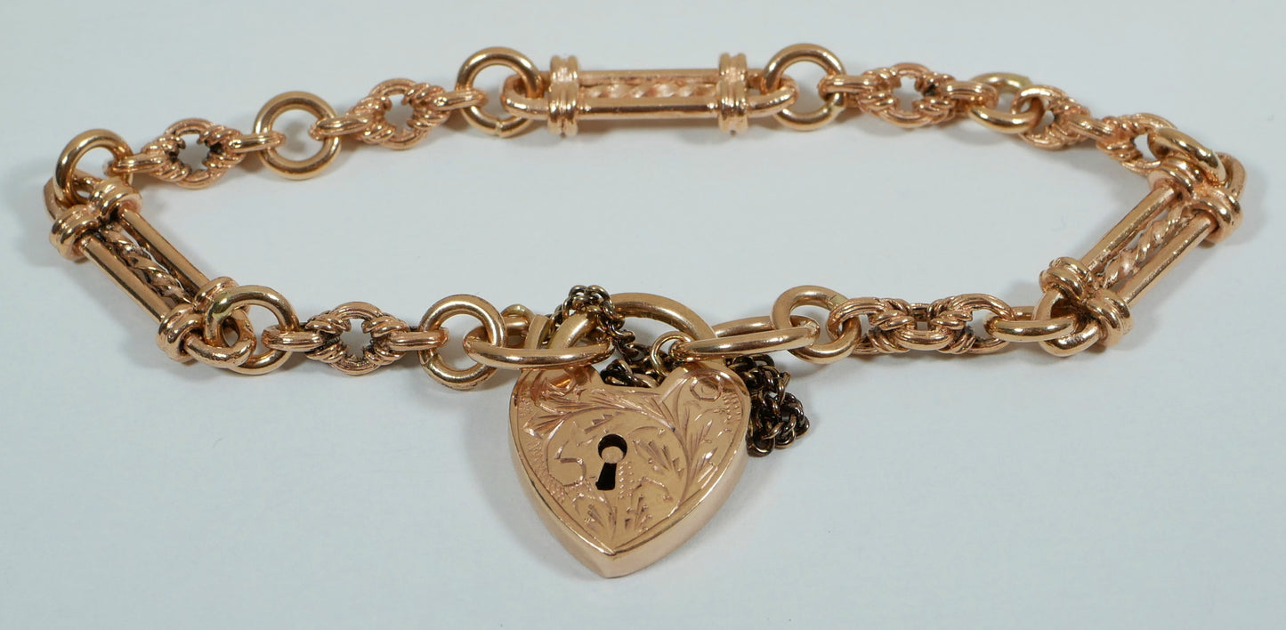 Antique Style 9ct Rose Gold 19cm 7.5" Fancy Albert Chain Bracelet Padlock Clasp
