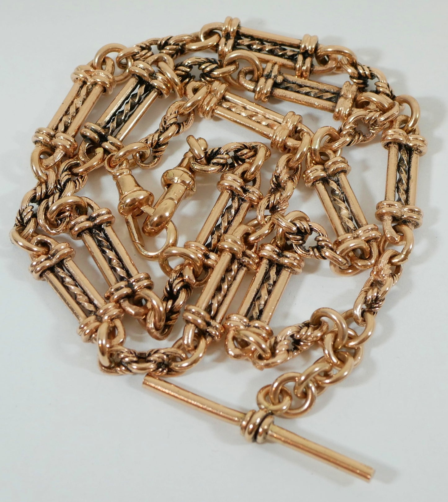 Antique Style Solid 9ct Rose Gold 58cm 23" Fancy Albert Necklace Chain T Bar 61g