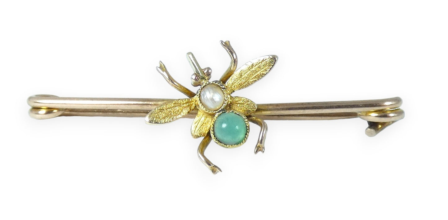 Antique Vintage 9ct Yellow Gold Seed Pearl & Moonstone Bug Fly Insect Bar Brooch